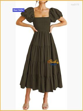 Summer Midi Dress Puffy Sleeve Square Neck Smocked Tiered Ruffle Casual